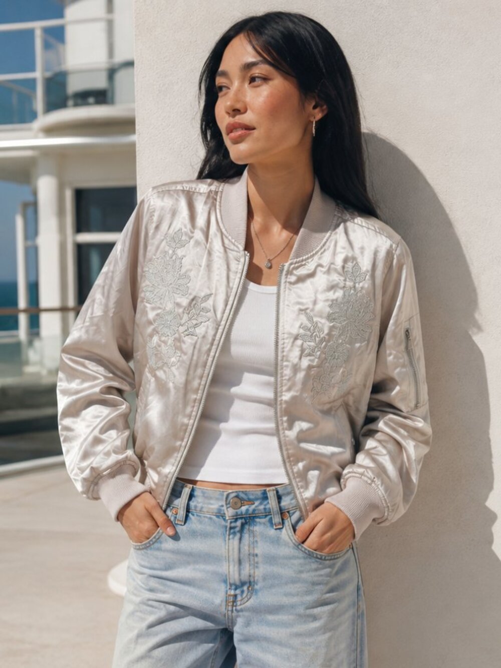 Topshop Light Pink Satin Embroidered Floral Bomber Jacket